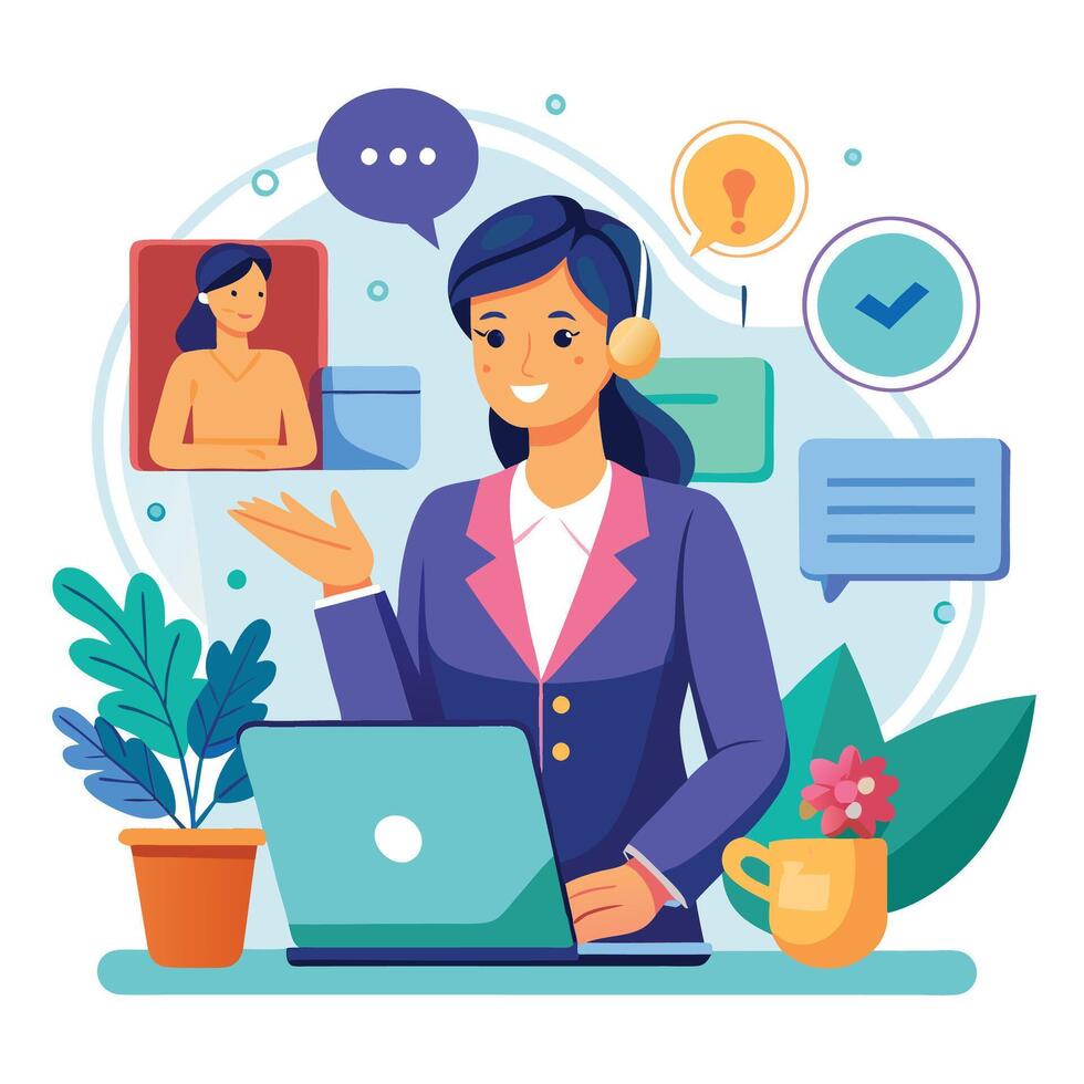 a woman is working on her laptop and talking to someone, vector