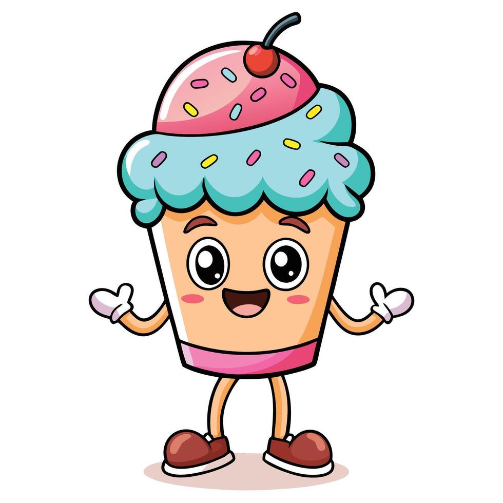 cute ice cream cupcake character illustration on a white background vector