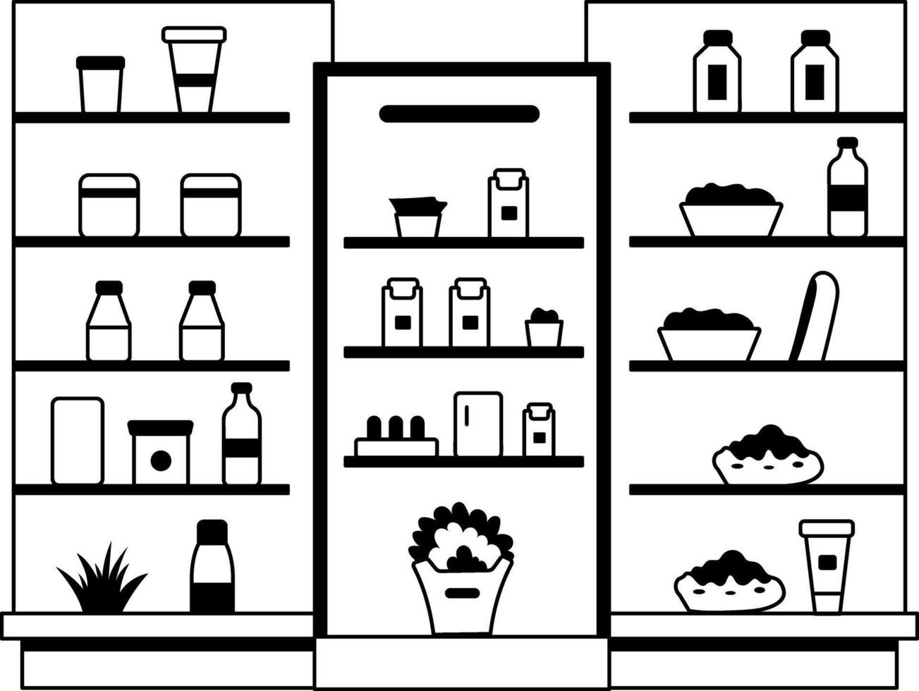 A glyph illustration of supermarket shelves filled with food items vector