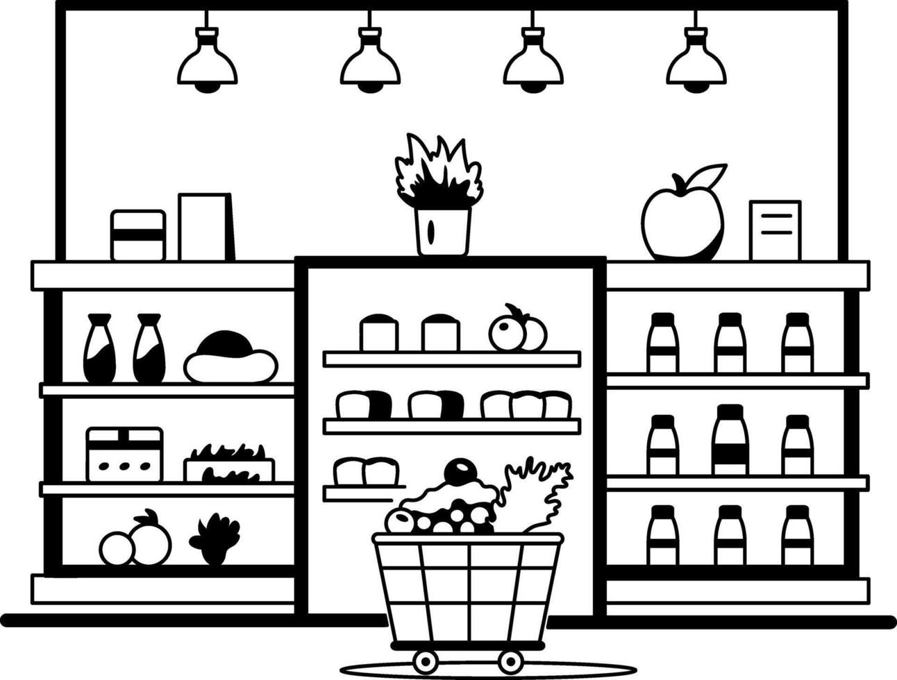 A glyph illustration of grocery shopping in a supermarket vector