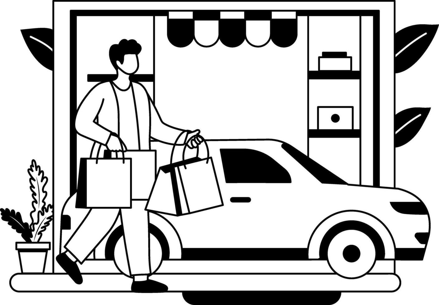 A glyph illustration of a man carrying shopping bags and walking towards a white car vector