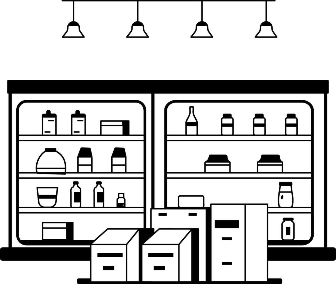 A glyph illustration of a grocery shop interior with shelves stocked with various food items vector