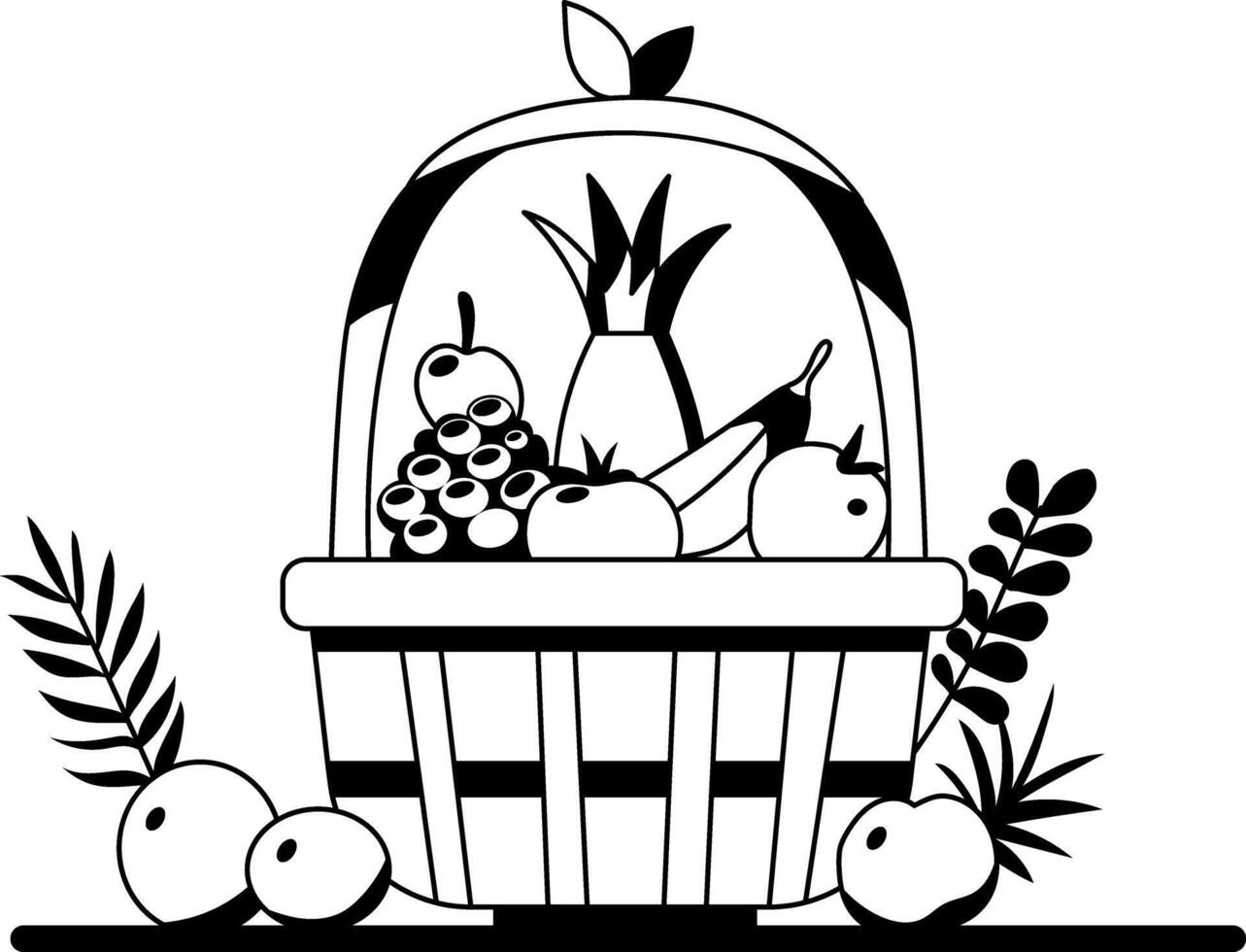 A glyph illustration of a wicker basket filled with fresh fruits vector