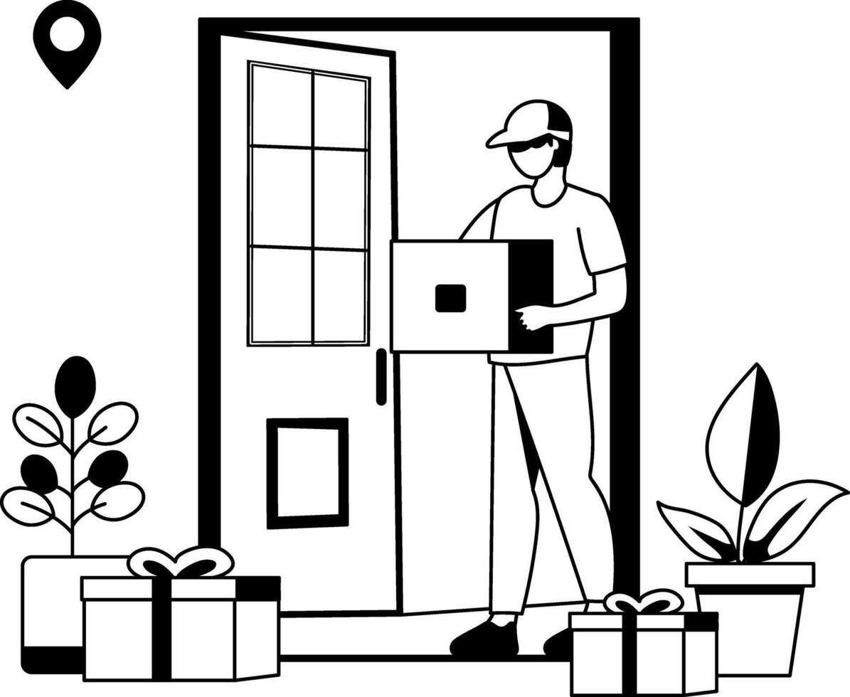 A glyph illustration of a delivery man holding a package vector