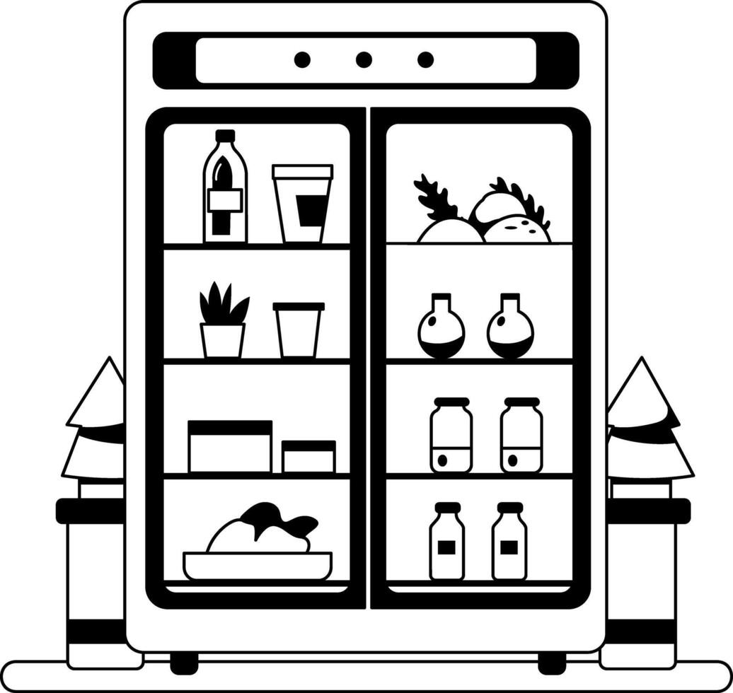 A glyph illustration of a supermarket refrigerator filled with various food items vector