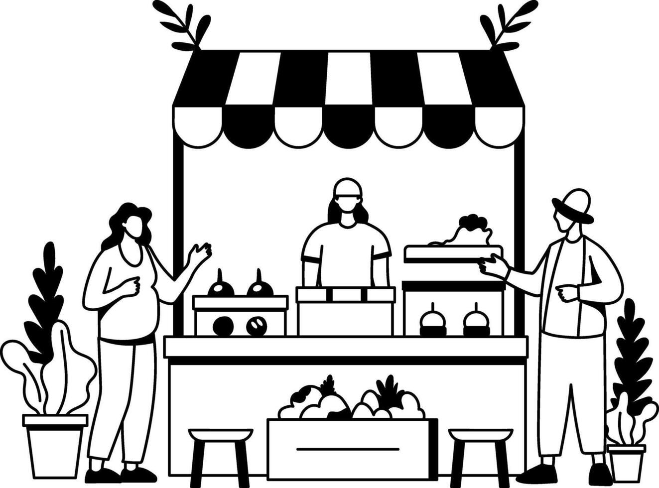 A glyph illustration of a market stall with a vendor selling fruits and vegetables to customers vector
