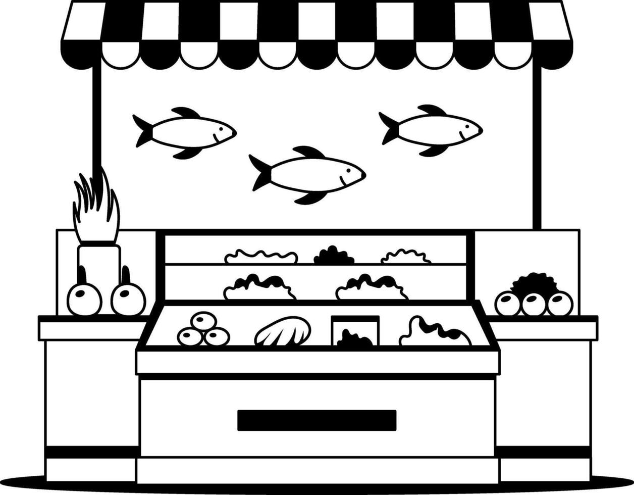 A glyph illustration of a fish market stall with various types of fresh seafood on display vector