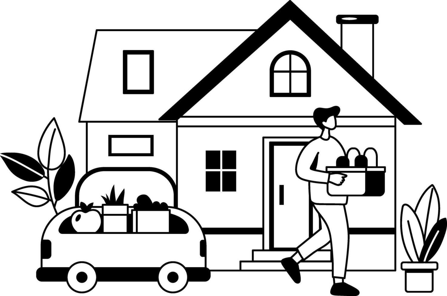 A glyph illustration of a man's grocery delivery to a house vector