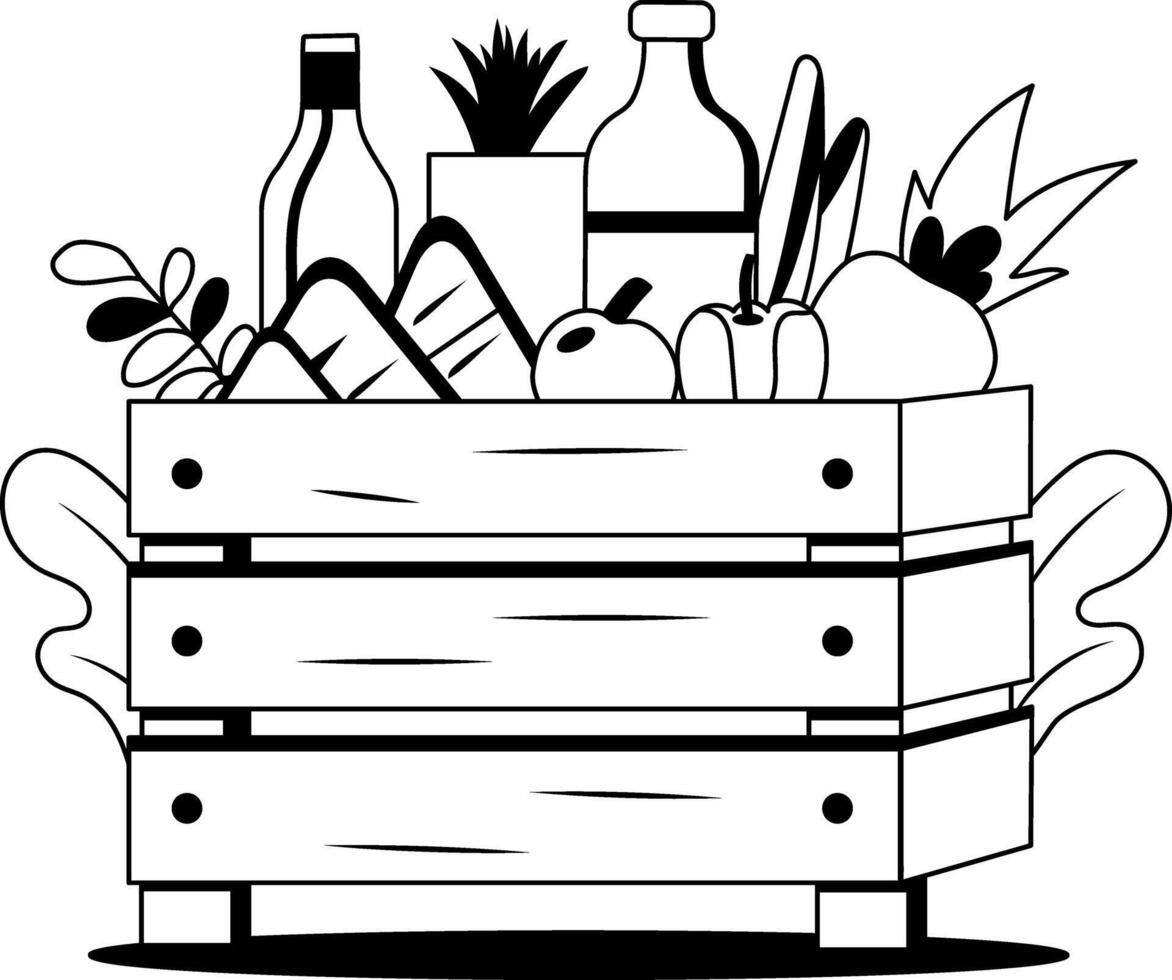 A glyph illustration of a wooden crate filled with fresh groceries, including vegetables, fruits, bread, and beverages vector