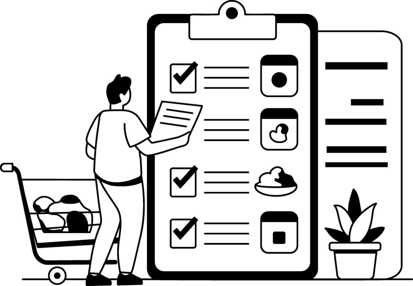 A glyph illustration of a man checking items on a grocery list vector