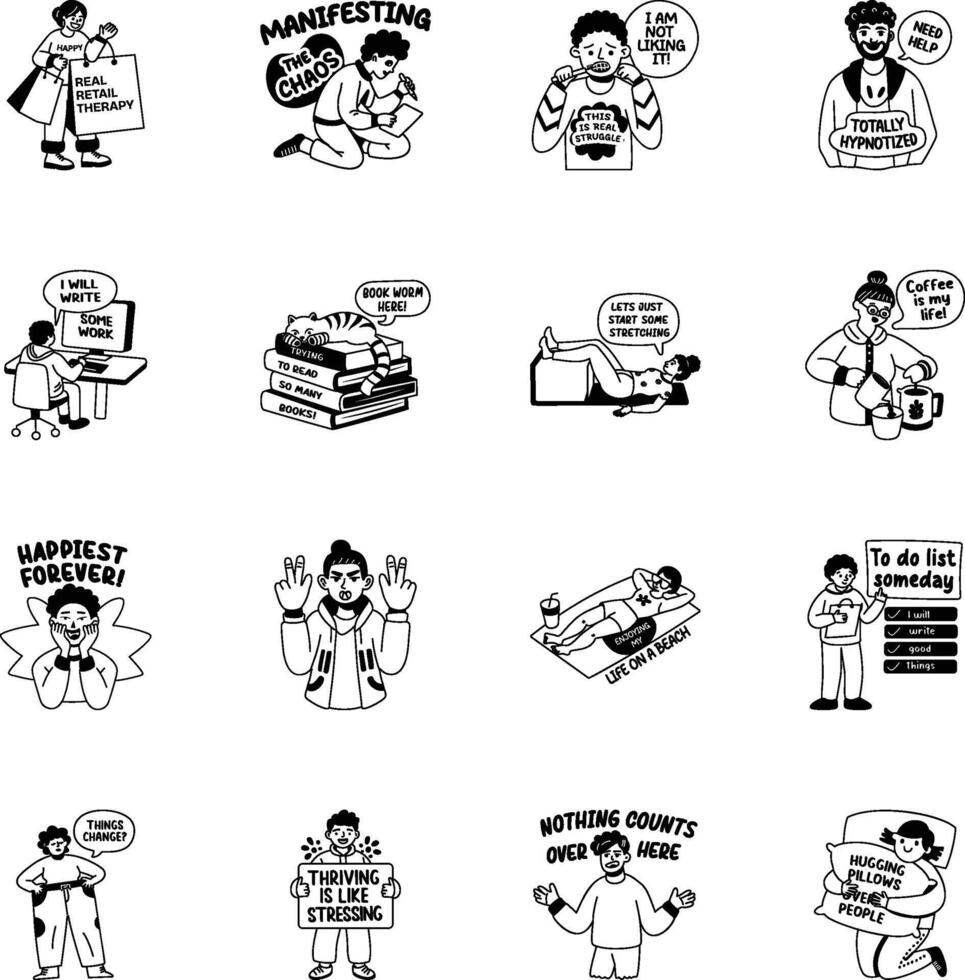 Set of Sarcastic Characters Glyph Style Stickers vector