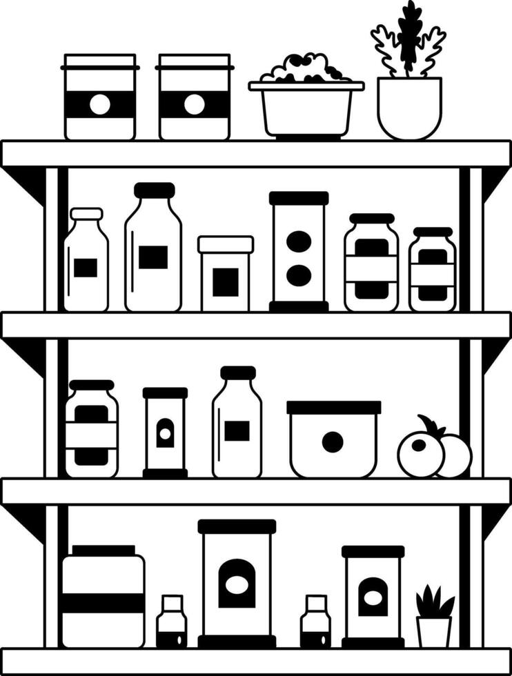 Pantry shelf filled with food items, a glyph style illustration vector