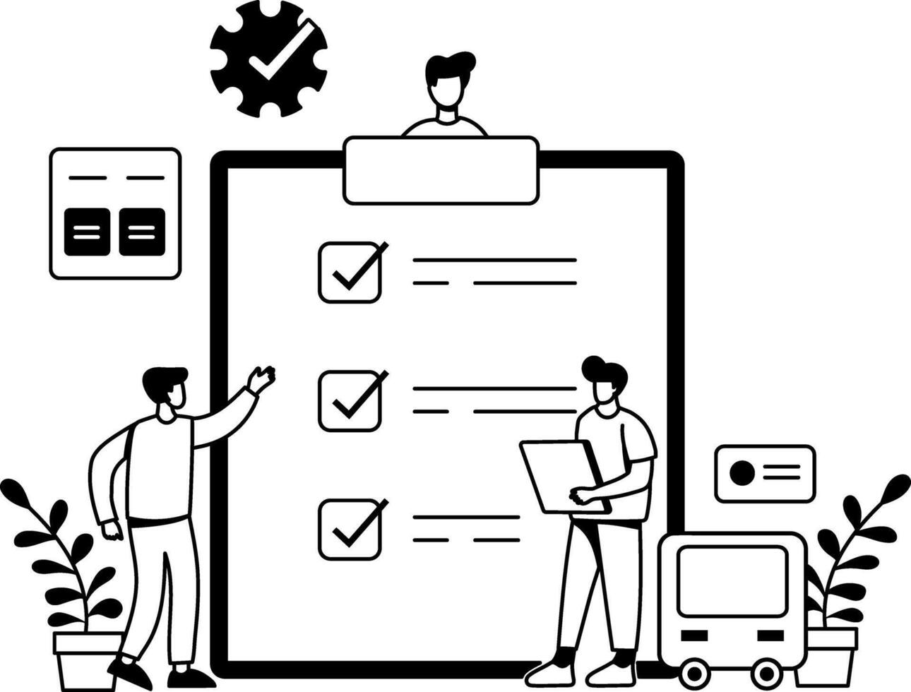 A glyph illustration of two men mark the checklist vector