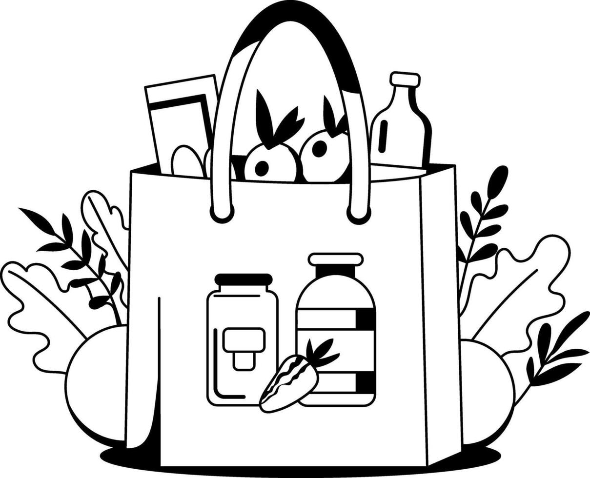 A glyph illustration of a grocery bag filled with various food items vector