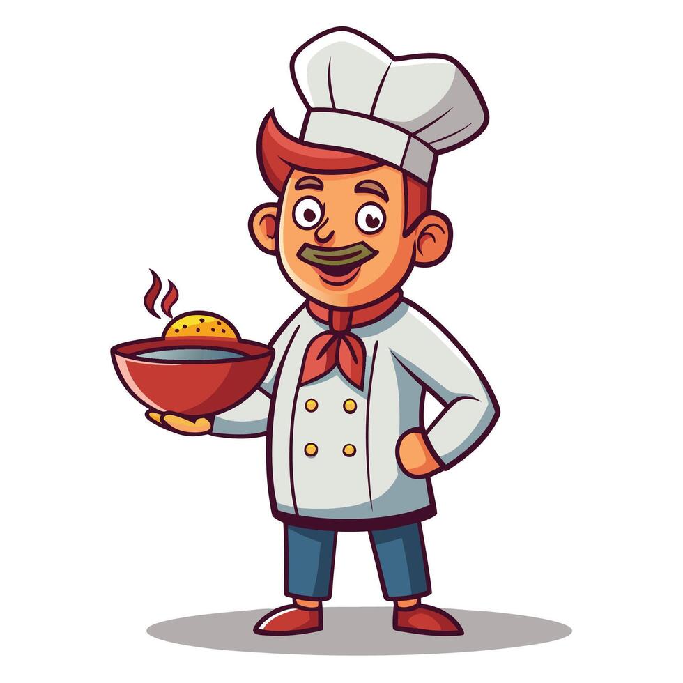 chef holding a bowl of food with a smile ,white background vector