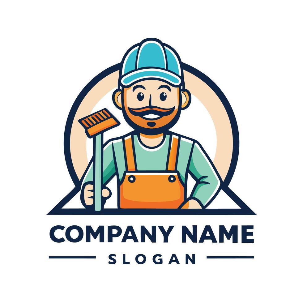 a man with a broom and a hat holding a sign that says com on a white backgroundpany name vector