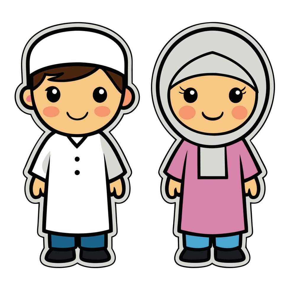 muslim boy and girl illustration white background, vector