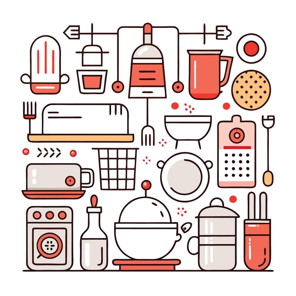 kitchen tools and appliances icons set on a white background vector