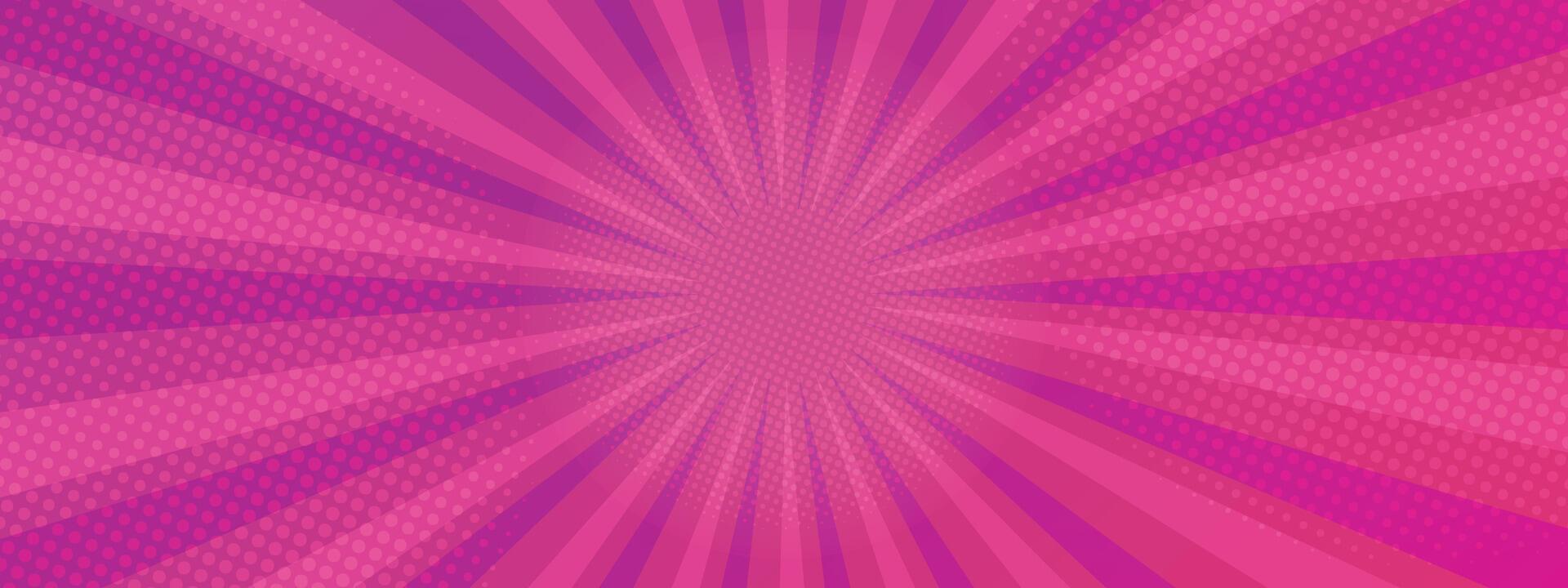Pop art pink dotted background. Retro backdrop with sun rays in comic book style. Cartoon funny pattern. Sunburst halftone illustration. Pixelated overlay texture poster, banner. vector