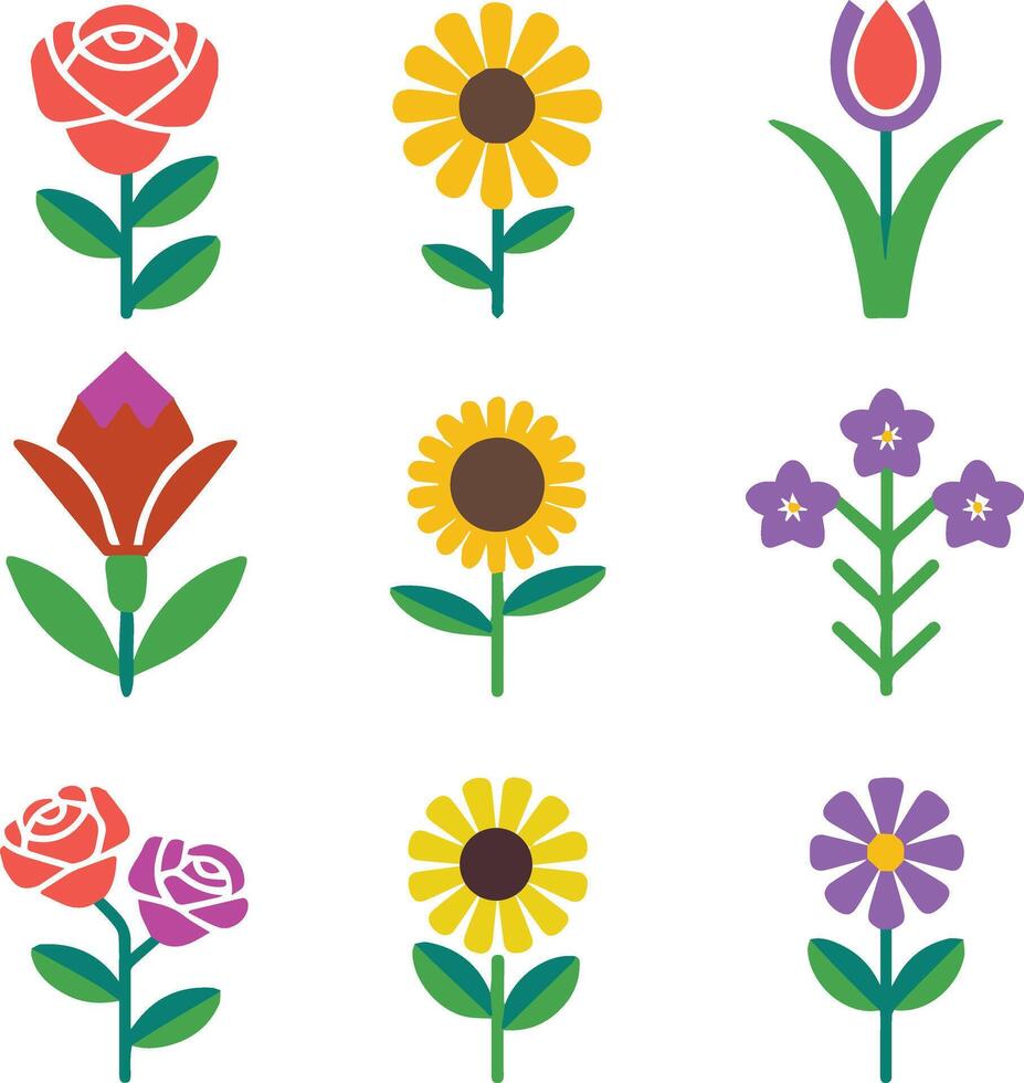 A vibrant set of flat color flower icon illustrations featuring various floral designs vector