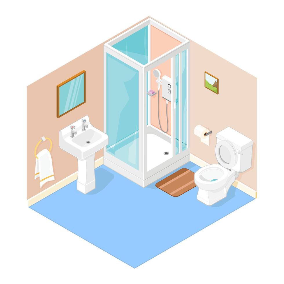 Isometric Modern Home Bathroom Interior Color Illustration Icon vector