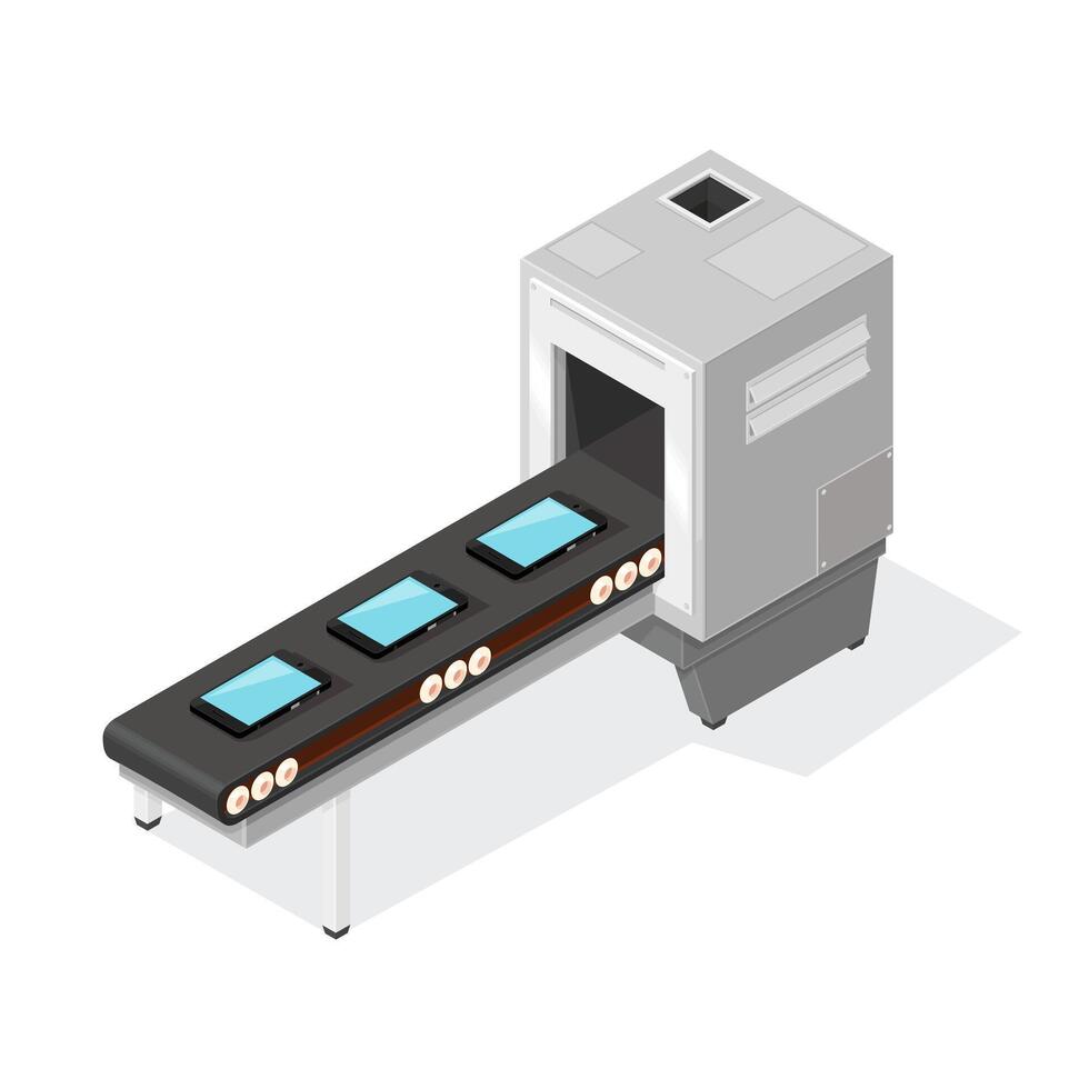 Isometric Modern Factory Assembly Line Machine With Smart Devices on conveyor belt - Color Illustration Icon vector