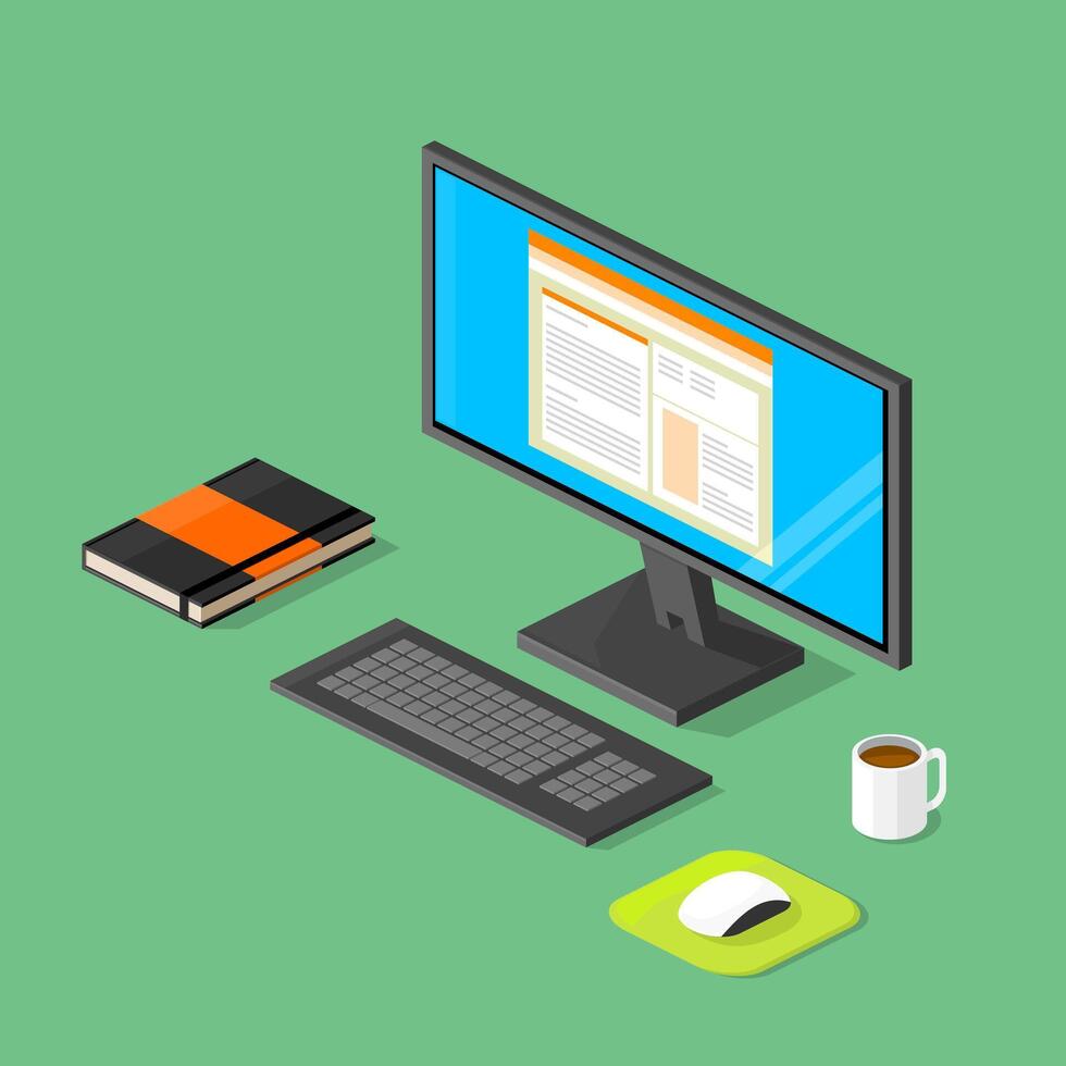 Isometric Workspace With Computer Screen and internet Icon illustration vector