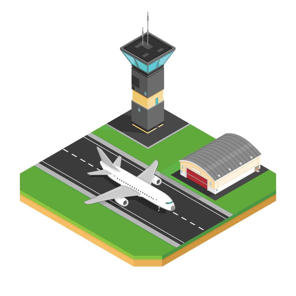 Isometric Airport Runway with passenger plane and Control Tower exterior Color Illustration Icon vector