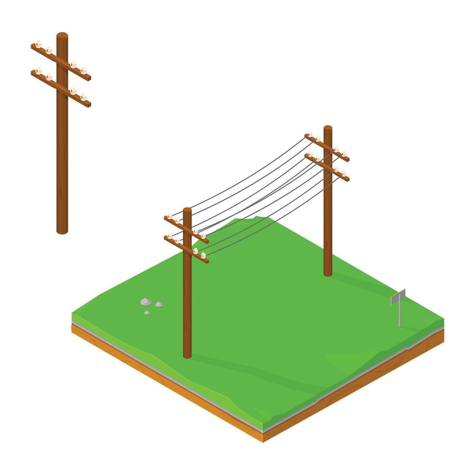 isometric High Voltage power lines illustration Icon on grass landland vector