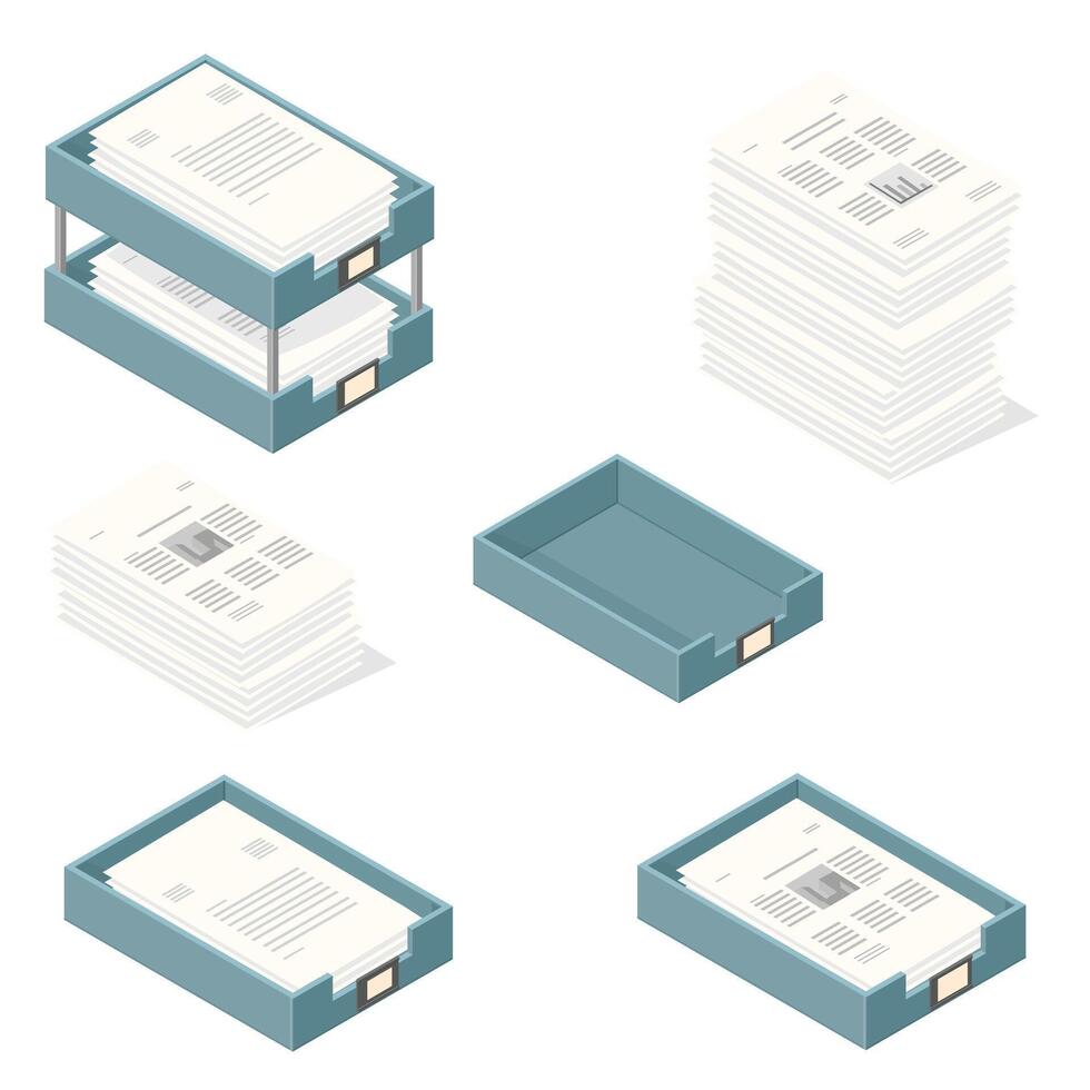Isometric office in and out trays Paperwork and documentation Icons vector