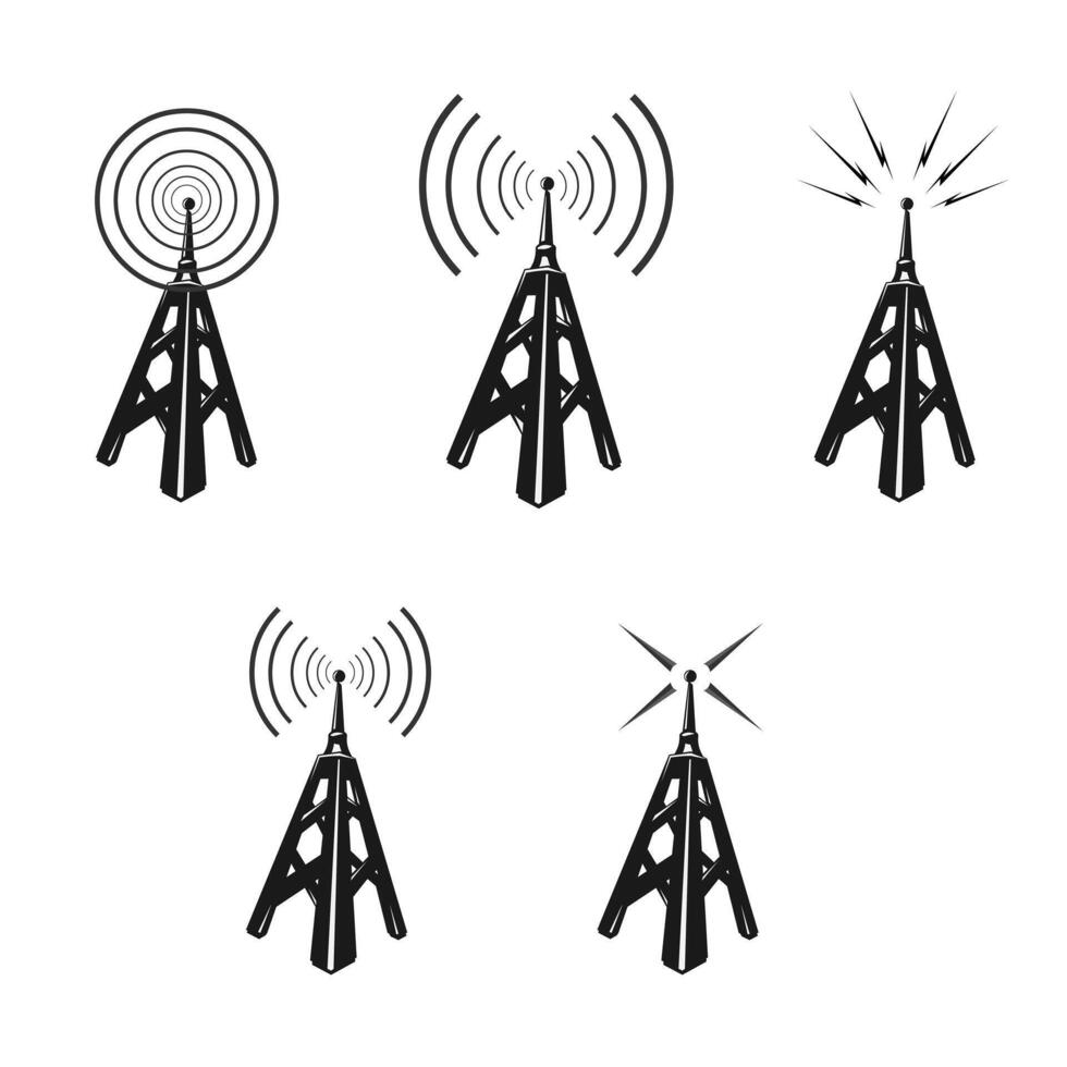 Illustration icon of a radio tower silhouette Black telecommunications signal transmitter. vector
