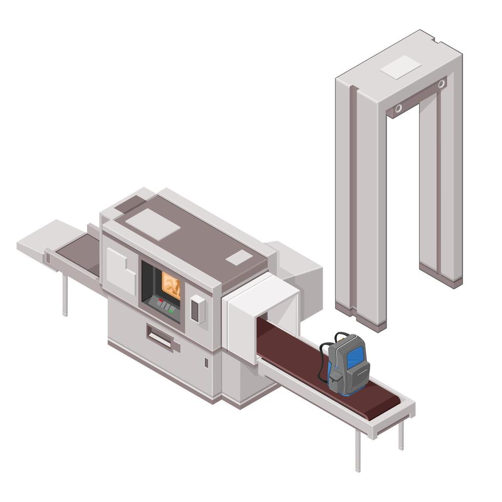 Isometric Modern Airport Security System with Bag on Conveyer belt Going through X-Ray Machine - Color Illustration Icon vector