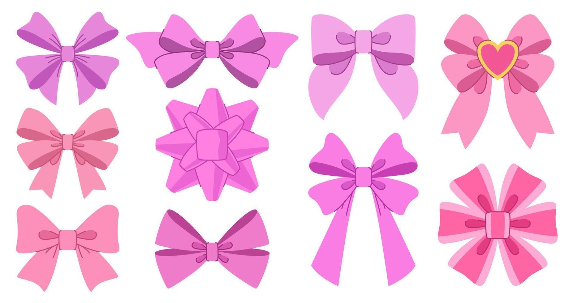 Cute pink decorative bows set. Tied bows for wrapping holiday gifts for Valentine's day, birthday and other holidays. Romantic holiday elements collection. vector