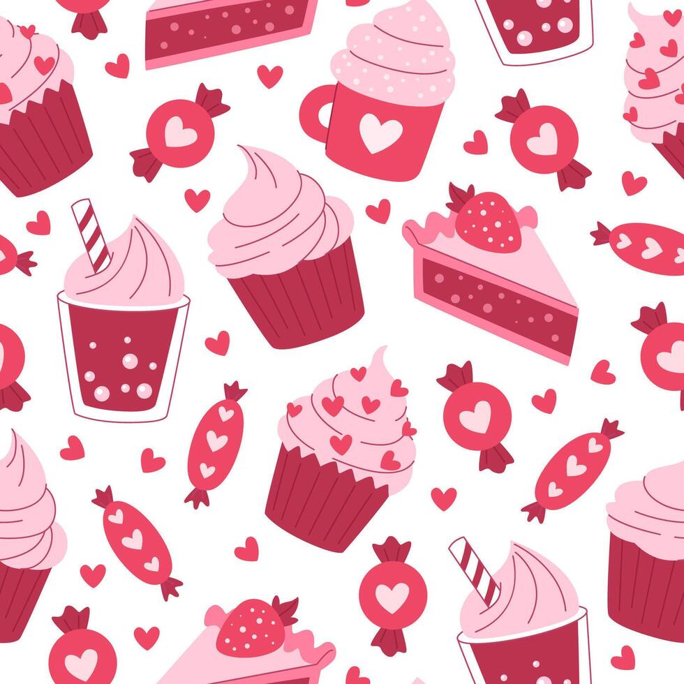 Cute cupcakes, candies and drinks with hearts seamless pattern. Pink romantic background with sweets for Valentine's day, wedding, birthday and other holidays. vector