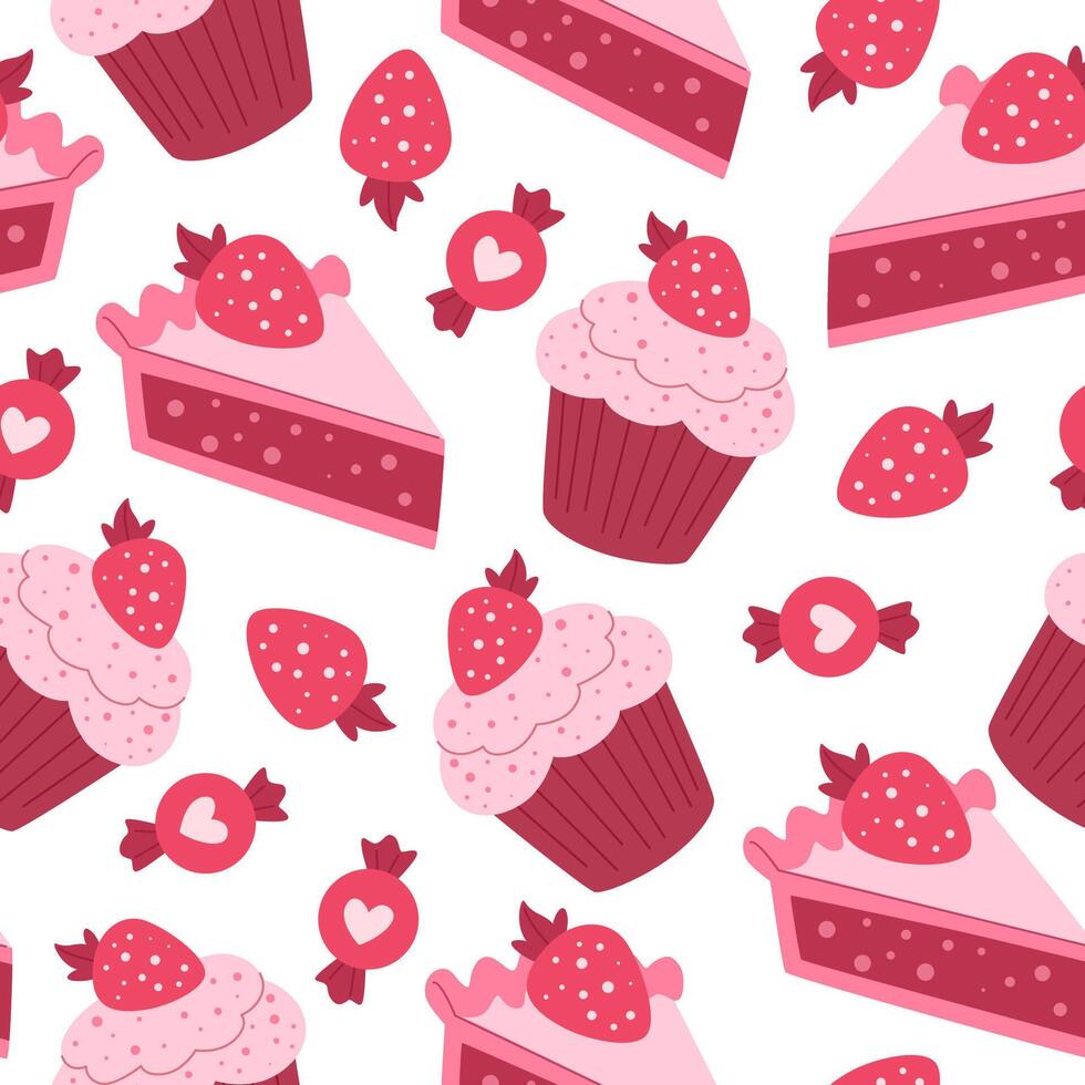 Cupcakes, pies and candies seamless pattern. Valentine's day background with sweet pastries, desserts and candies. Love romantic food pattern. vector