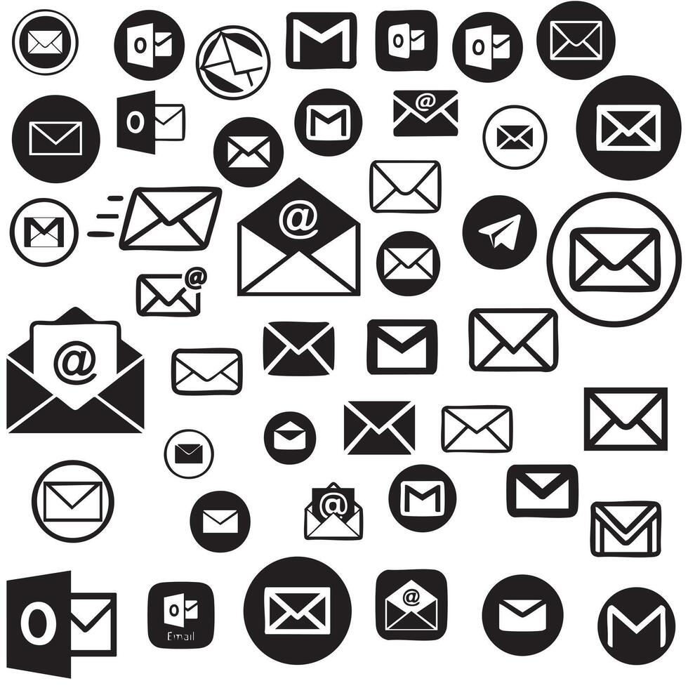 email icons set, black and white illustration vector