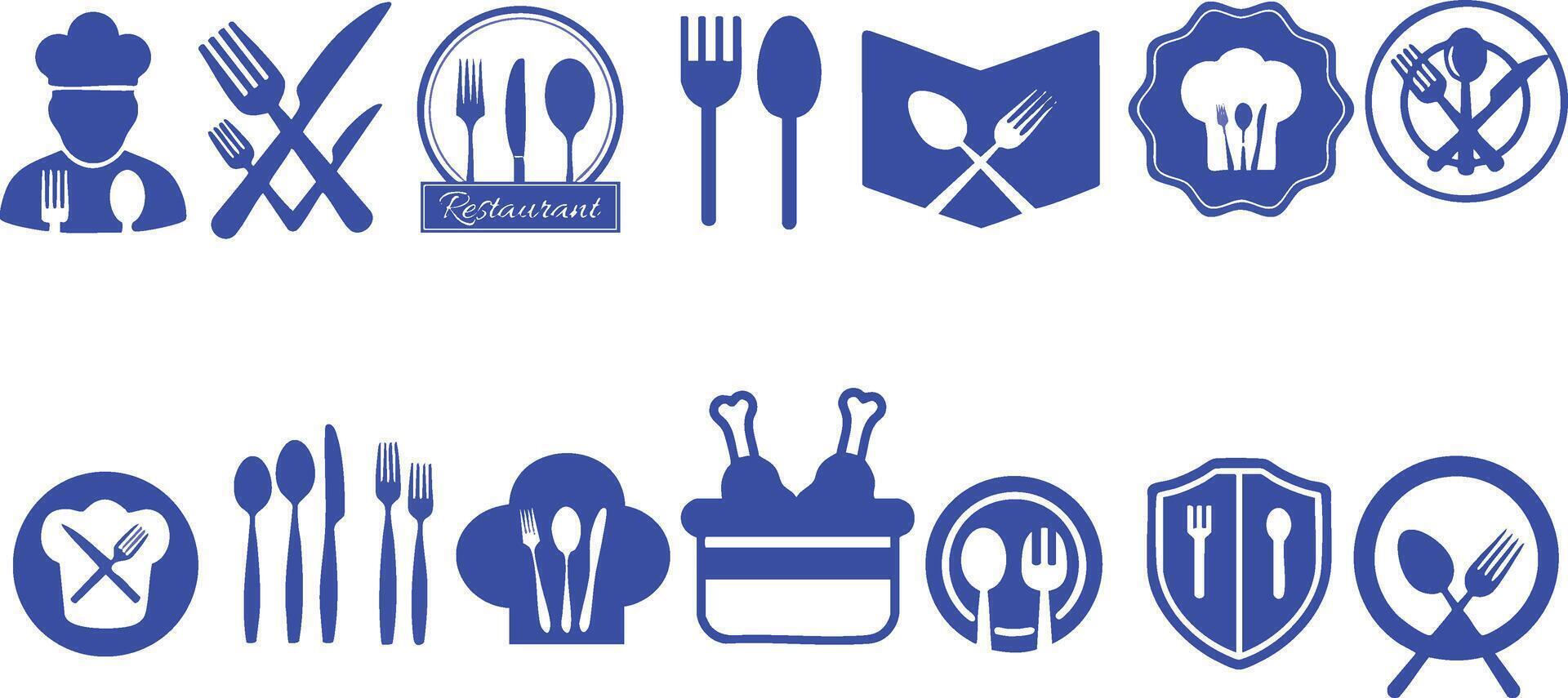 set of blue and white icons of restaurant and kitchen vector