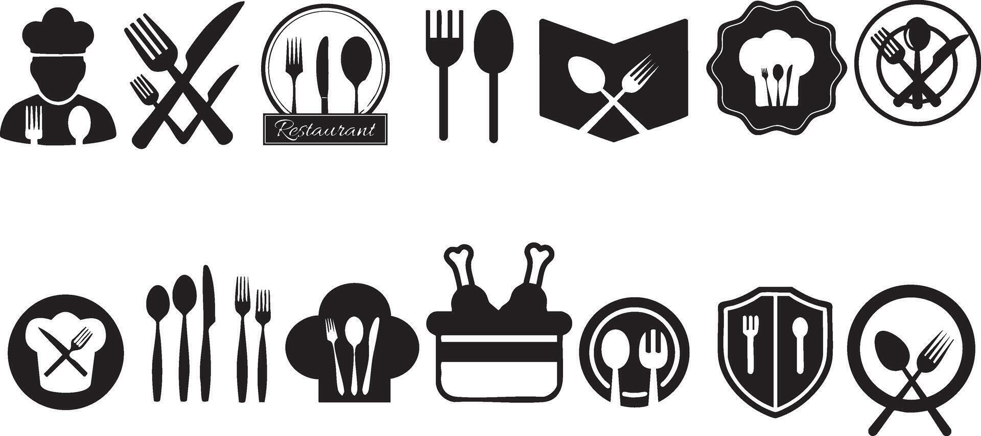 set of black and white icons of restaurant and kitchen vector