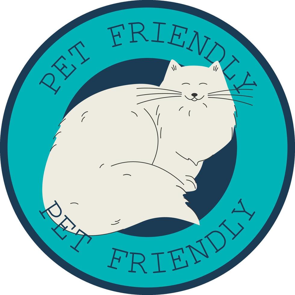 Pet friendly label. Stamp or sticker with pet friendly text. Kawaii kitty inside circle vector