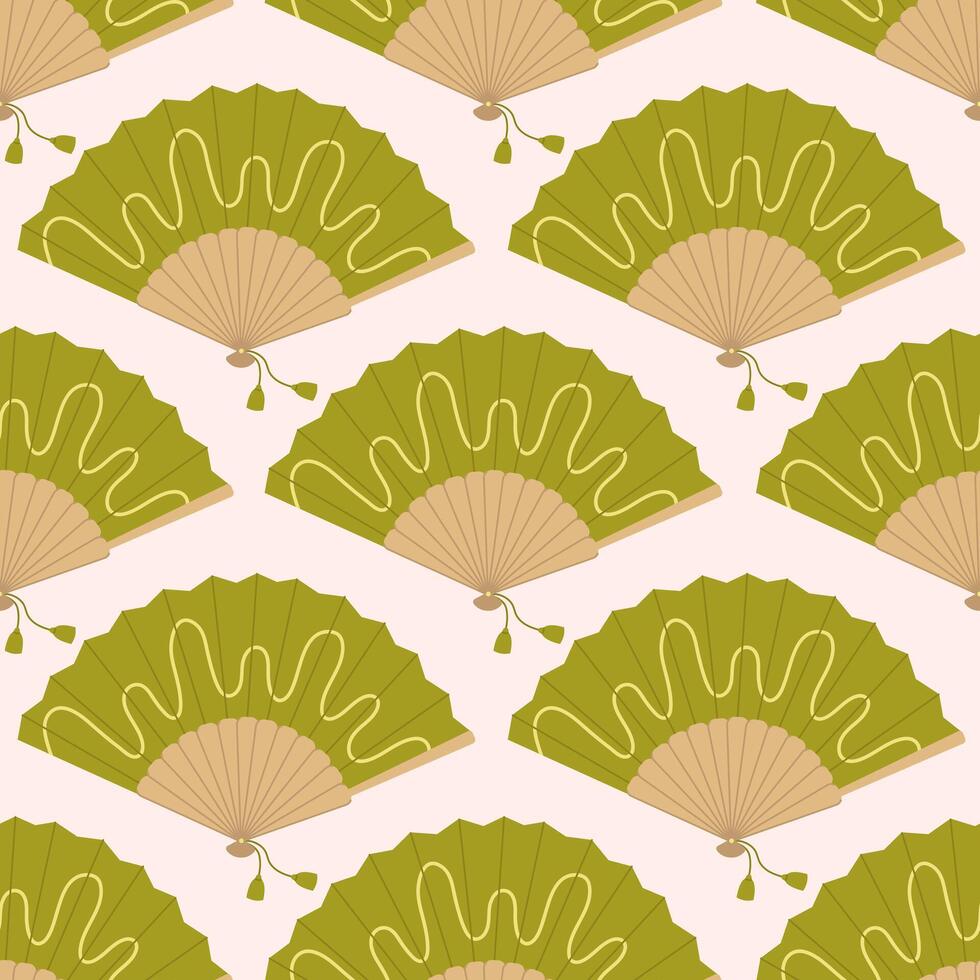 Seamless pattern with green hand fans with wavy line on white background. Asian traditional folding souvenir. Cooling accessory. flat illustration for wallpaper, textile, packaging vector