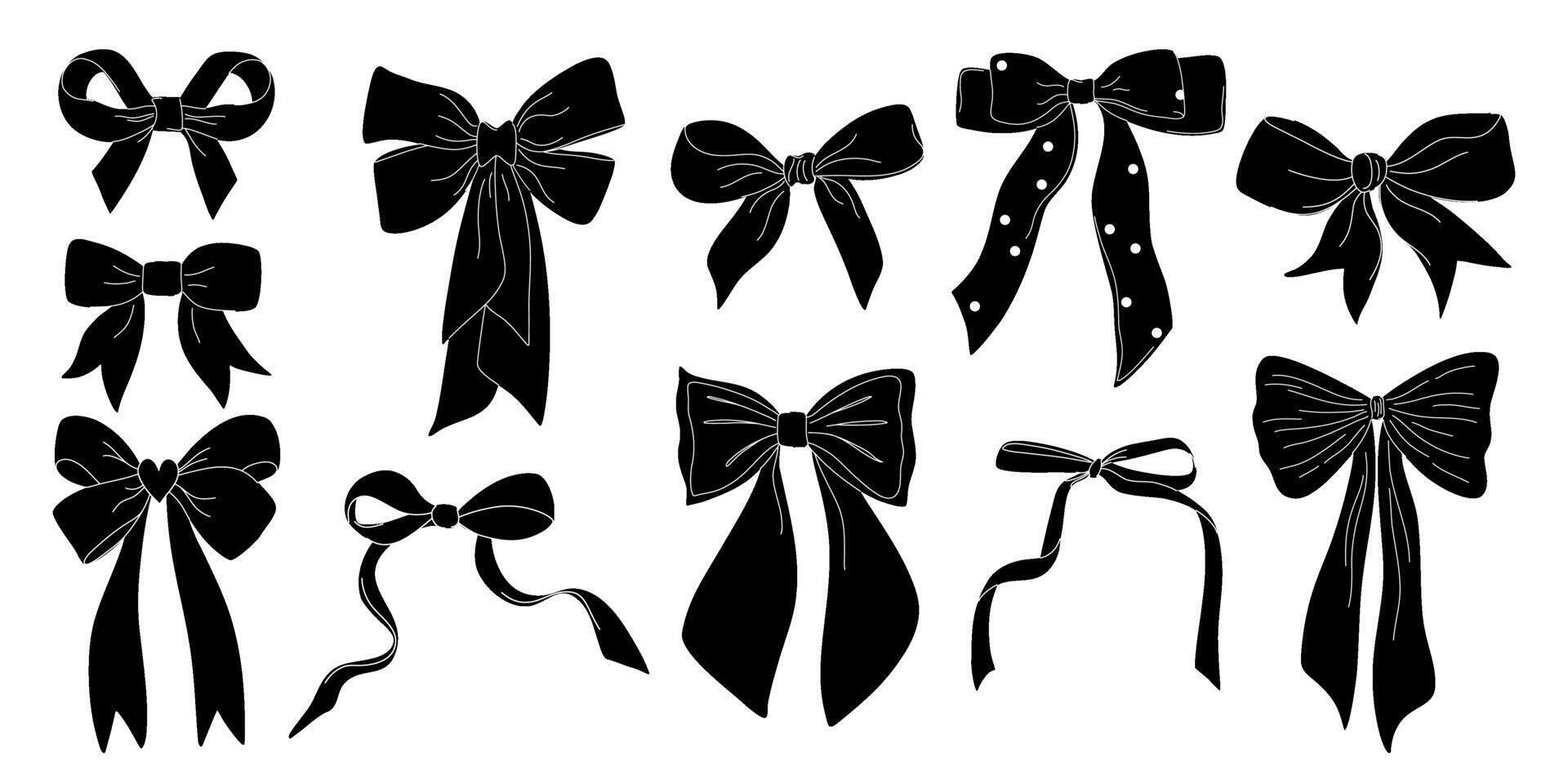 Set of black bow shadows. Cute minimalistic coquette bows collection. Classic ribbon elements for decoration and print. Hand drawn flat design black and white illustration. vector