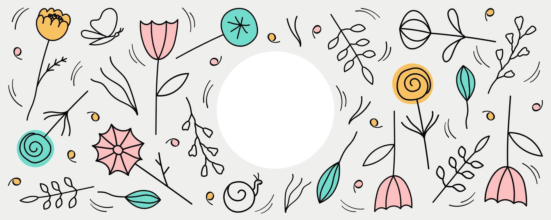 Banner with different Spring or Summer abstract Flowers for text. Hand drawn Background with blooming plants in minimalist style for web, print, paper. Design card for seasons and holidays vector