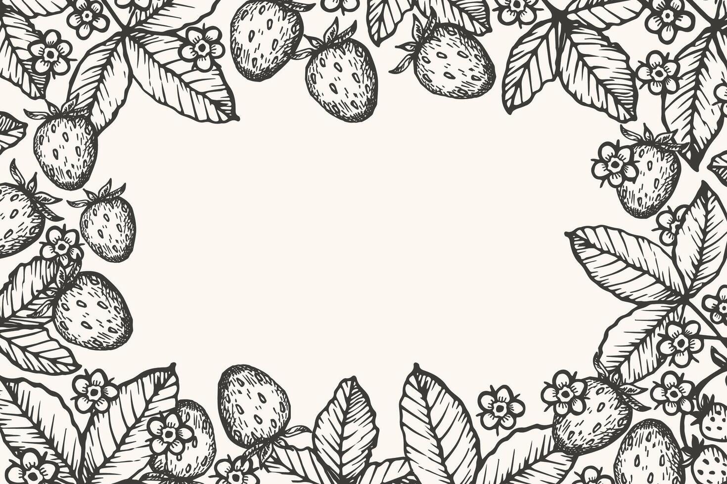Engraved botanical Banner with Strawberry plants and flowers for text. Hand drawn Background with spring or summer blooming berries in vintage style. Food and seasons. Design border for web vector