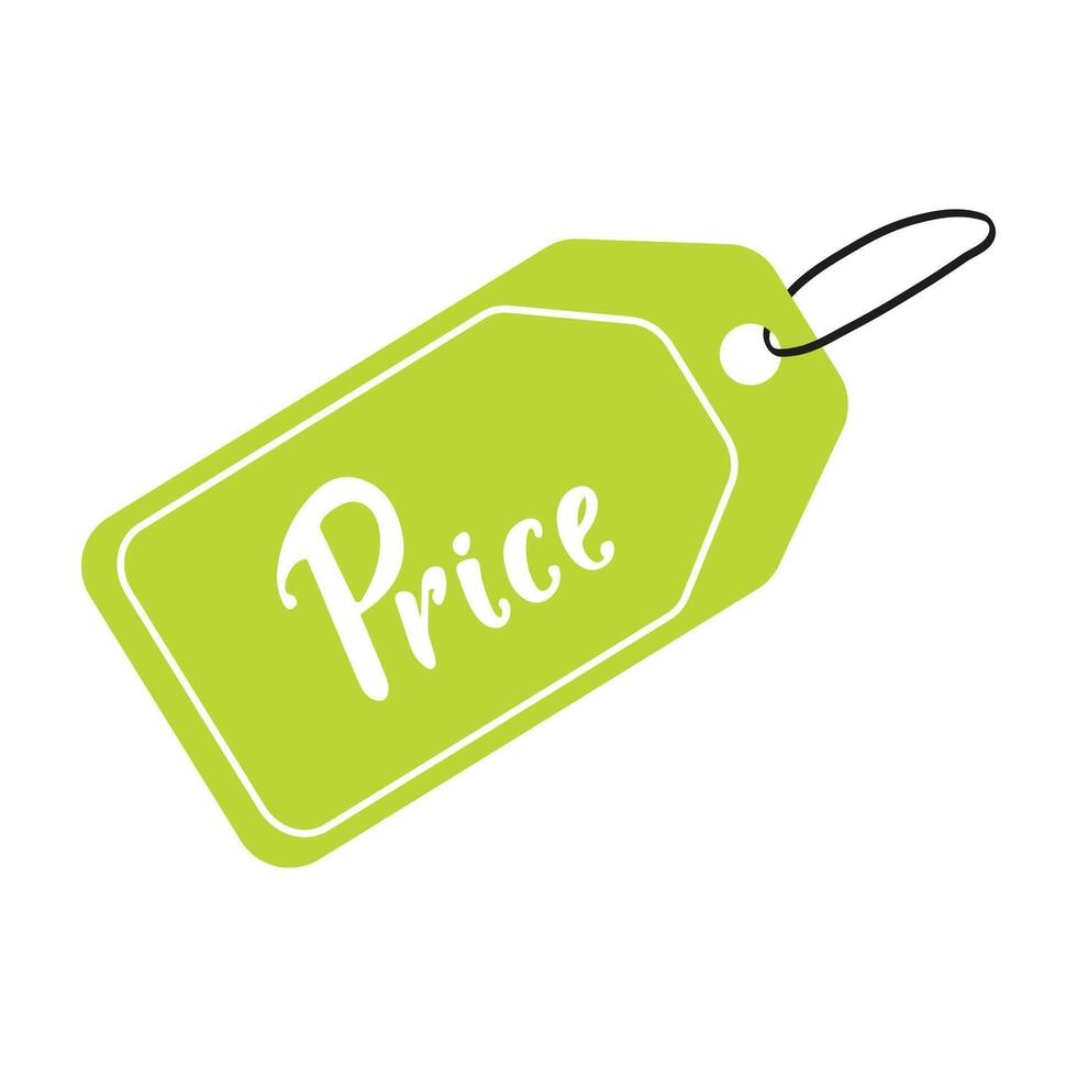 Bright green price tag with clear text hanging from a black string vector