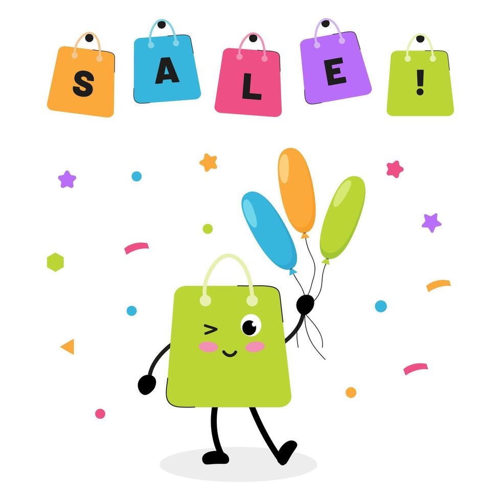 Happy shopping bag character celebrates sale with colorful balloons and decorations vector