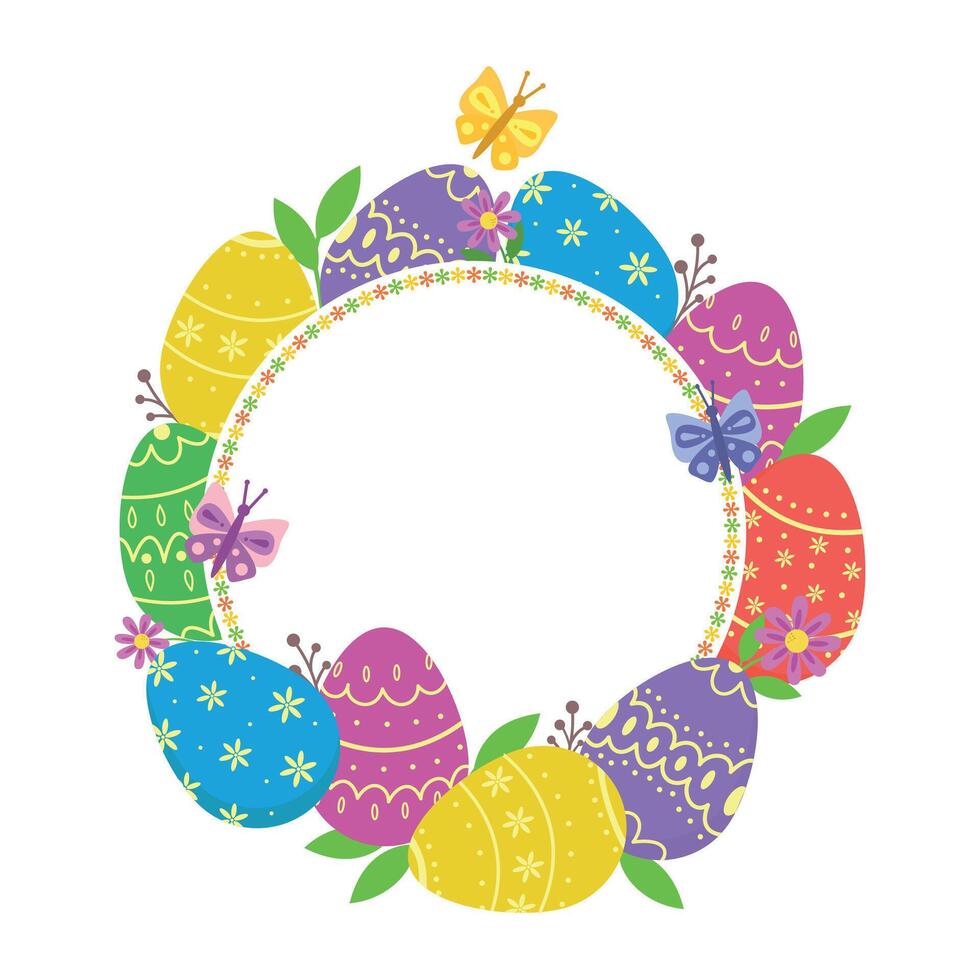 A decorative frame made of Easter eggs, floral elements and butterflies. Beautiful design template for greeting cards, invitations, Easter cards and banners. illustration. illustration vector