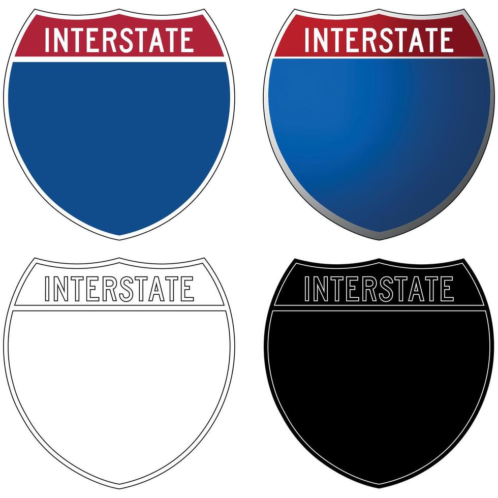 American road sign for an Interstate, in colour, gradient, black and white and white and black versions, isolated on a white background vector