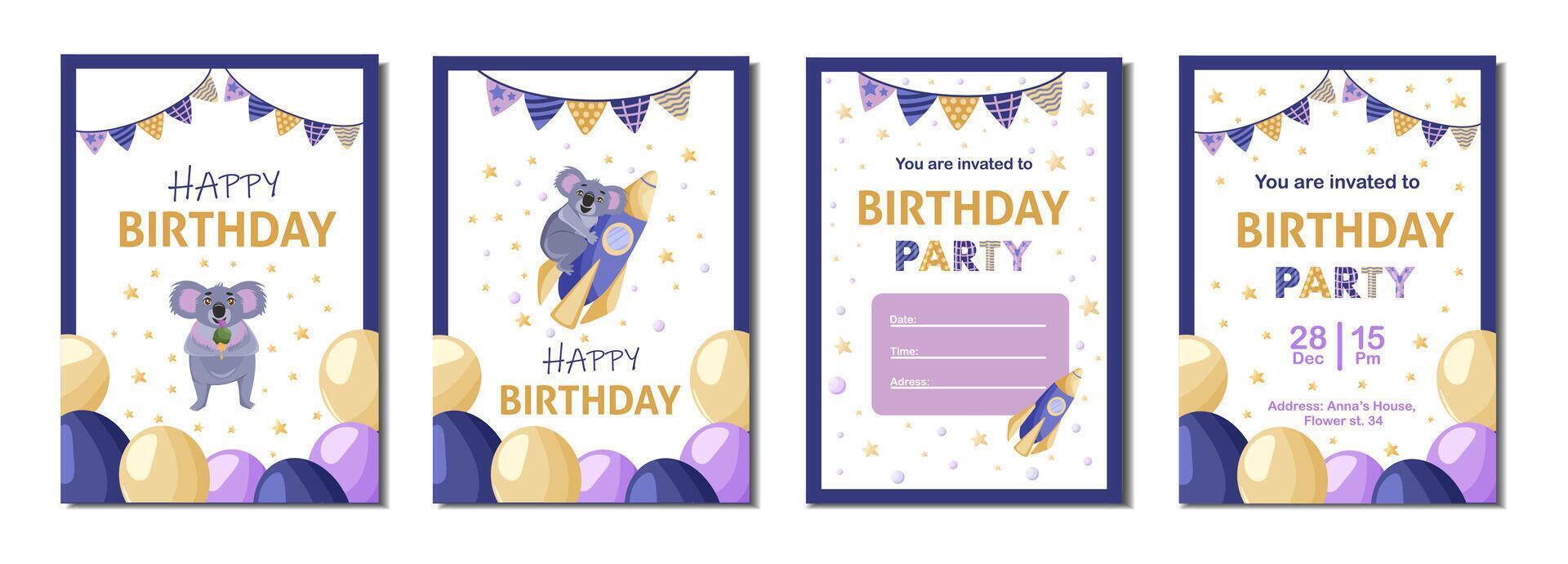 A set of children cute animal cards. Koala bear. Collection of two greeting cards and two birthday party invitations. vector