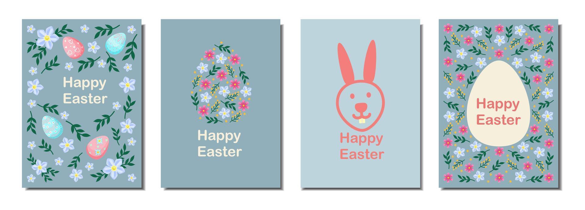A set of Easter cards with a flower arrangement, an Easter egg and a bunny. Collection of 4 A4 postcards. Poster, flyer. vector