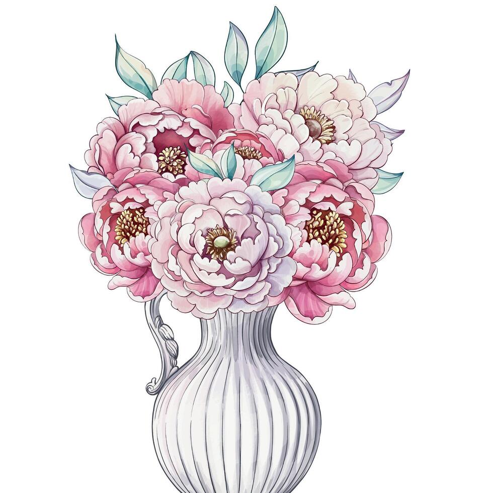 A beautiful arrangement of blooming peonies fills a charming ceramic vase, showcasing soft hues and intricate details in a serene setting. vector